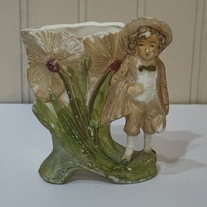 Vintage German Ceramic Vase Planter Boy Flowers Figurine Germany 574